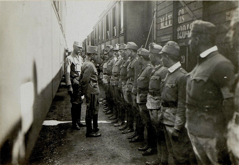 Karl inspiziert bei der Durchfahrt durch Stry die Schützen der 5. Division am Bahnhof am 30.8.1916 (BildID 15550013)
