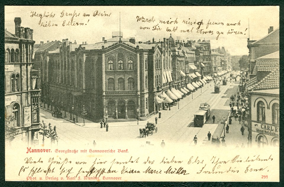 Karl F. Wunder PC 0299 Hannover. Georgstraße mit Hannoversche Bank. Bildseite
