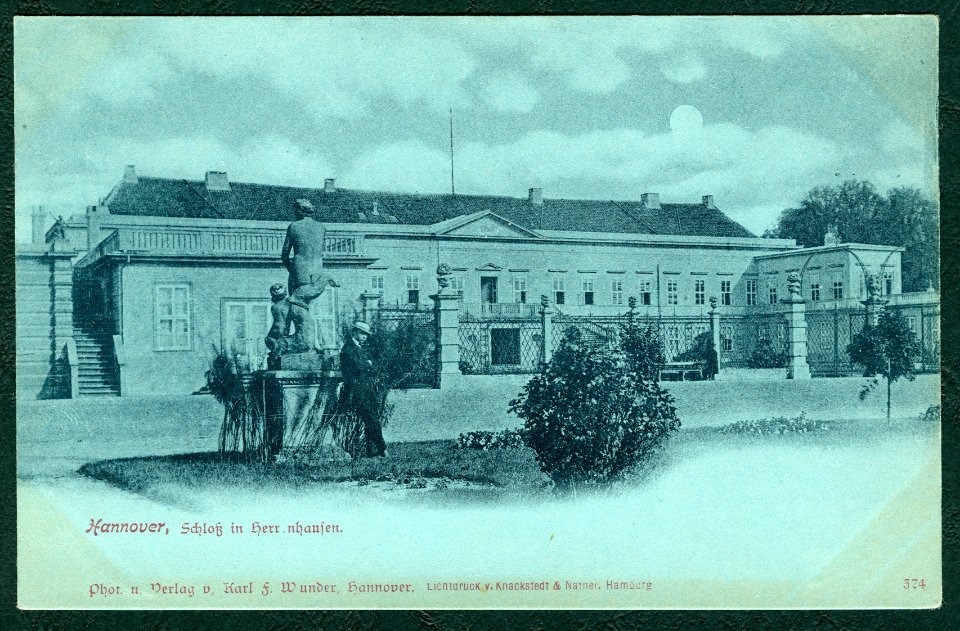 Karl F. Wunder PC 0374 Hannover, Schloß in Herrenhausen. Mondscheinkarte Bildseite