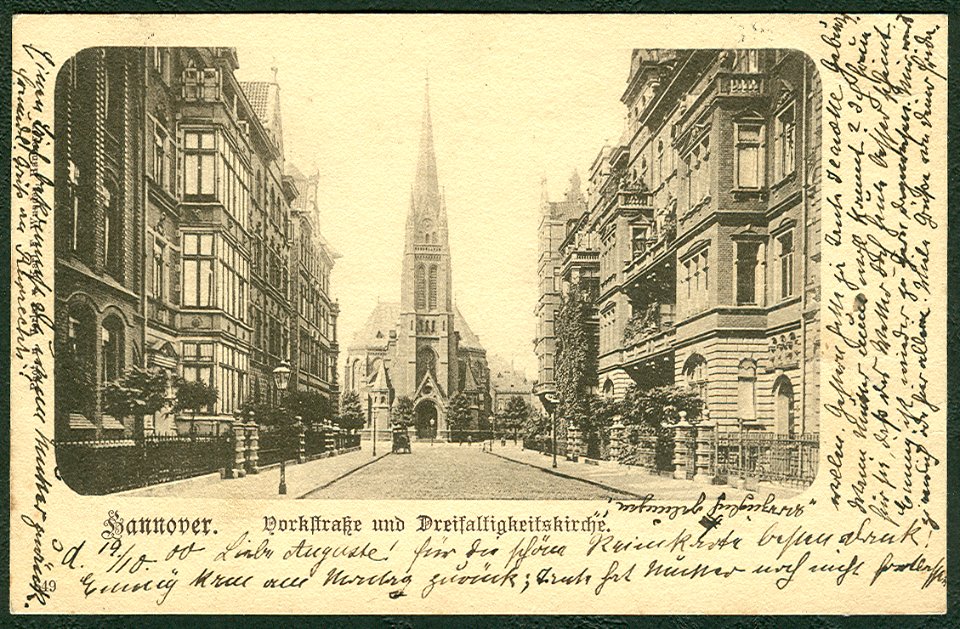 Karl F. Wunder PC 0649 Hannover. Yorkstraße und Dreifaltigkeitskirche. dkl.-braun Bildseite