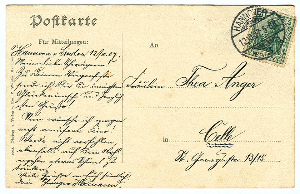 Karl F. Wunder PC 1003 Hannover. Hohenzollernstraße. Back Side