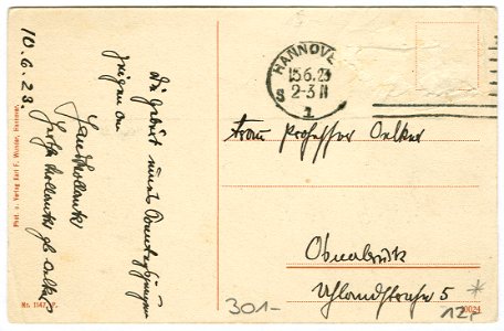 Karl F. Wunder PC 1147. P. Villa Münter, Hannover, Maschstr. 6 Pension für In- u. Ausländer. Back Side
