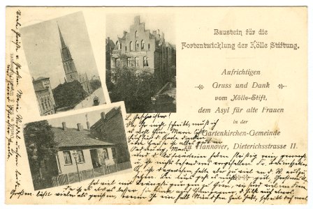 Karl F. Wunder PC Baustein für die Fortentwicklung der Kölle Stiftung. Kölle-Stift, Asyl für alte Frauen, Gartenkirchen-Gemeinde zu Hannover, Dieterichstrasse 11
