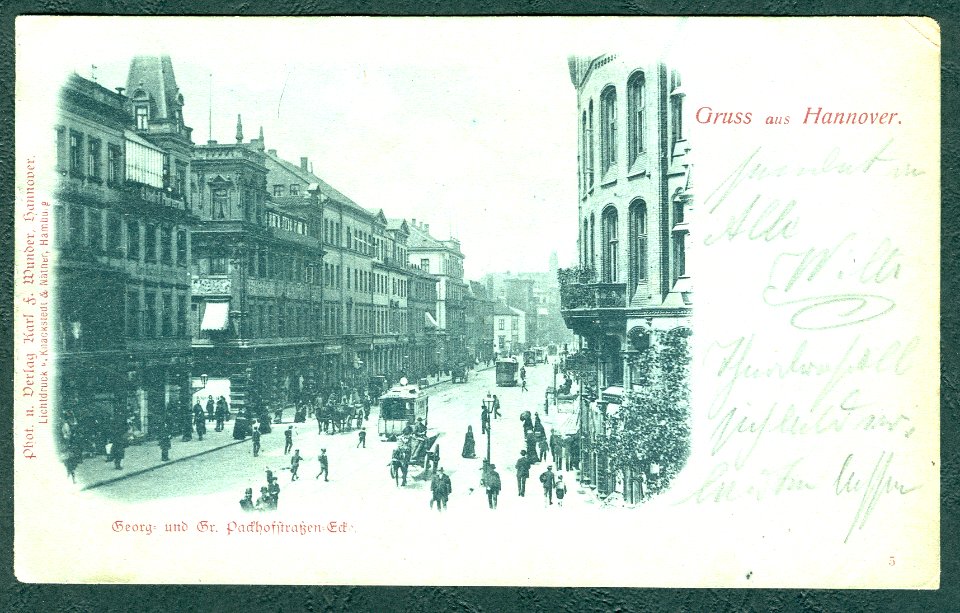 Karl F. Wunder PC 0005 Gruß aus Hannover. Georg- und Gr. Packhofstraßen-Eck. Mondscheinkarte. Lichtdruck v. Knackstedt & Näther, Hamburg. Bildseite