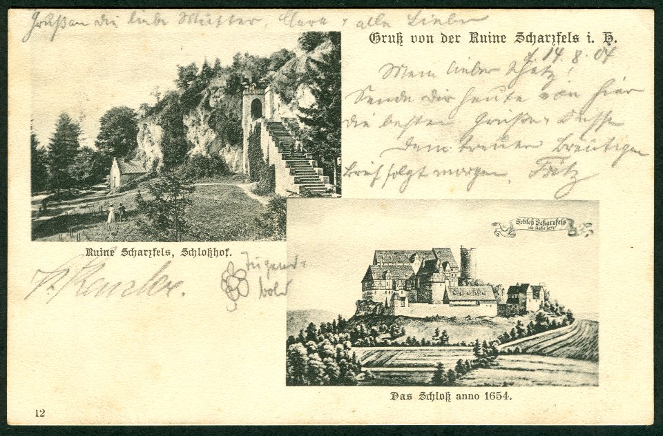 Karl F. Wunder PC 0012 Gruß von der Ruine Scharzfels i. H. Schloßhof. Das Schloß anno 1654.Bildseite