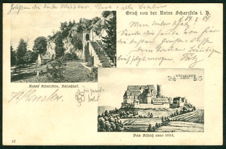 Karl F. Wunder PC 0012 Gruß von der Ruine Scharzfels i. H. Schloßhof. Das Schloß anno 1654.Bildseite