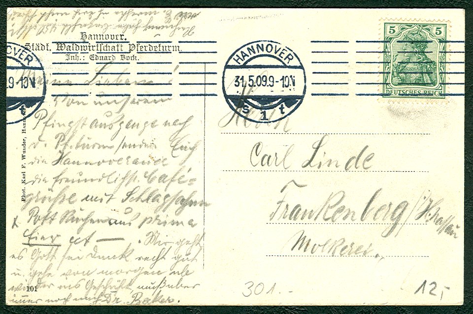 Karl F. Wunder PC 0101 Hannover. Städt. Waldwirtschaft Pferdeturm. Inh. Eduard Bock. Adressseite