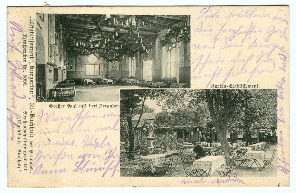 Karl F. Wunder PC Etablissement Kurgarten, Kl.-Buchholz bei Hannover. Fernsprecher No. 5096. Straßenbahnlinie grün-rot Markthalle-Buchholz. A
