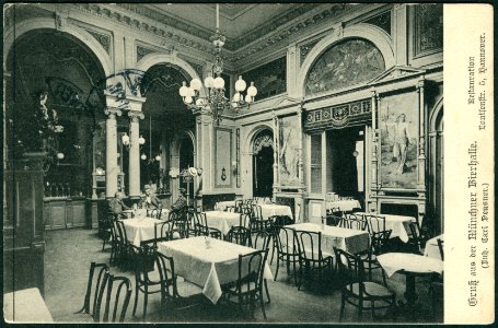 Karl F. Wunder PC Gruß aus der Münchner Bierhalle, Restauration, Louisenstr. 5, Hannover (Inh. Carl Deusner) Bildseite Inneneinrichtung mit Personengruppe