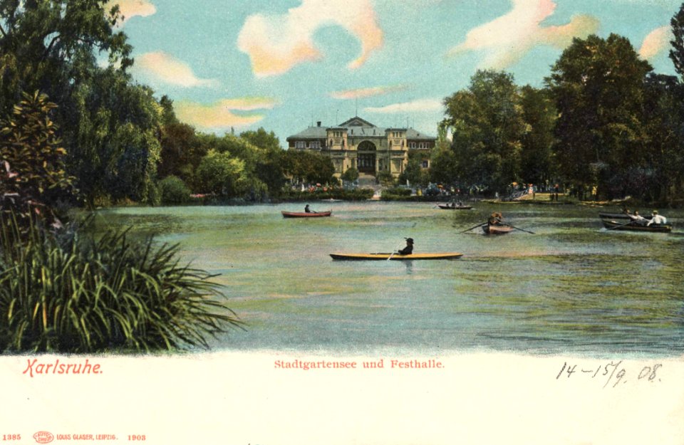 Karlsruhe, Baden-Württemberg - Stadtgartensee und Festhalle (3) (Zeno Ansichtskarten)