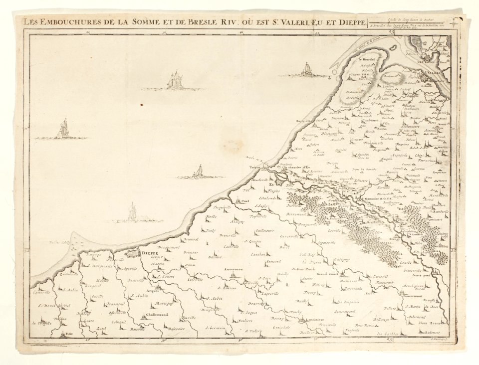 Karta över mynningarna till La Somme och Bresle med städerna St Valery, Eu och Dieppe, 1710 - Skoklosters slott - 98037