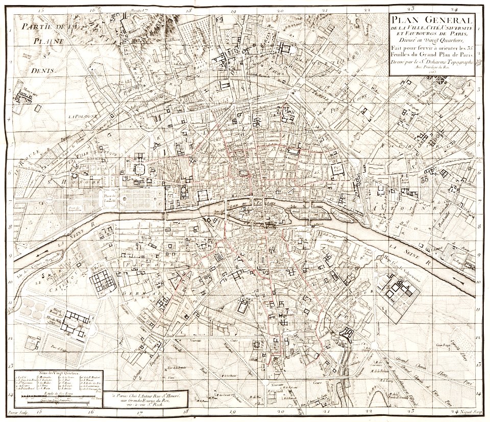 Karta över Paris indelat i 20 distrikt, tryckt 1763 - Skoklosters slott - 86164