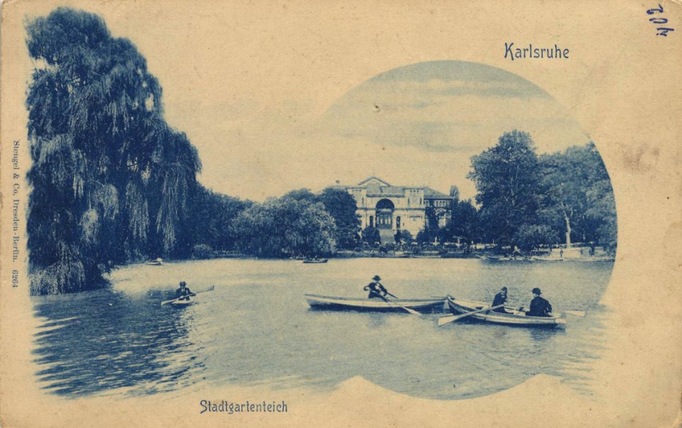 Karlsruhe, Baden-Württemberg - Stadtgartensee und Festhalle (Zeno Ansichtskarten)