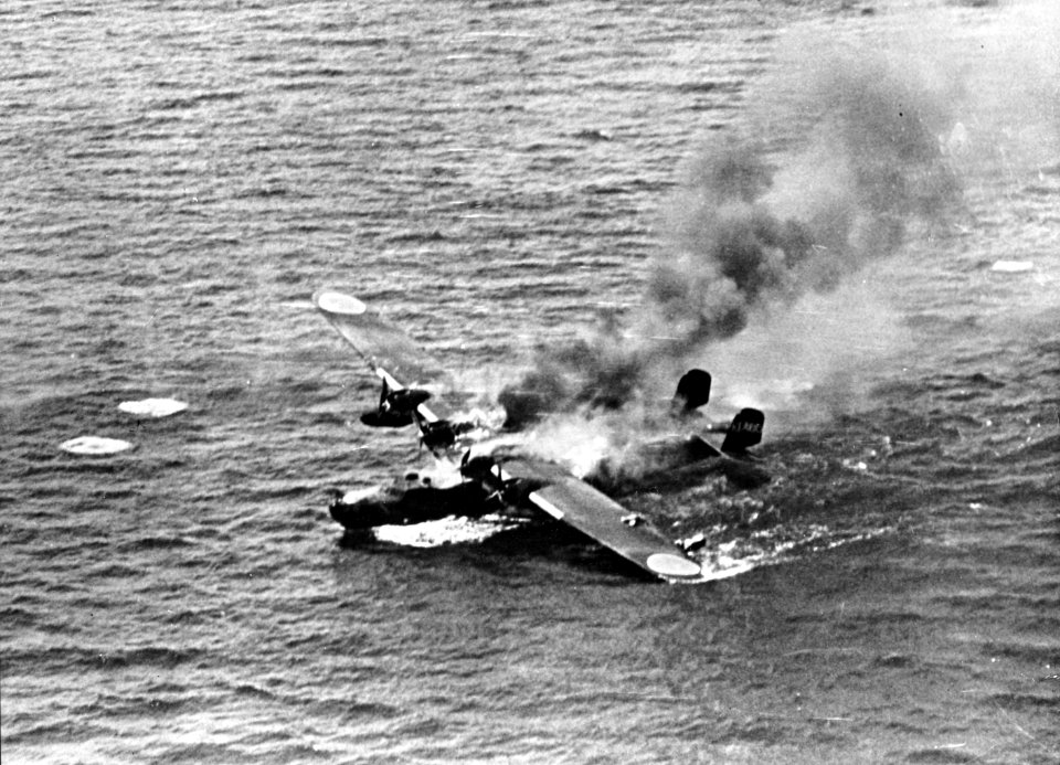 Kawanishi H6K burning on the water 1944