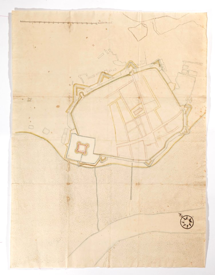 Karta över befäst stad intill flod - Skoklosters slott - 98083