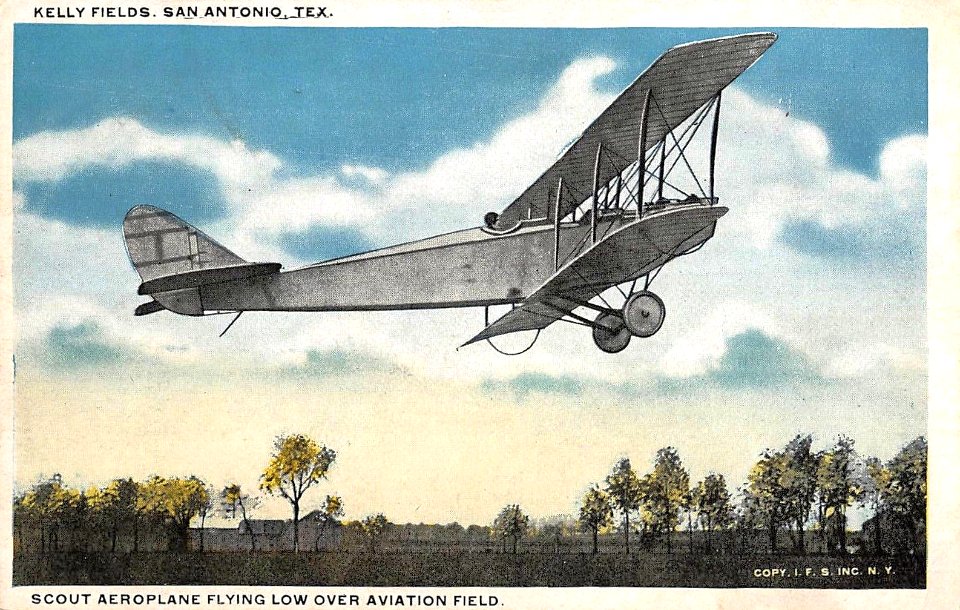 Kelly Field - Scout Airplane Flying Low over Aviation Field