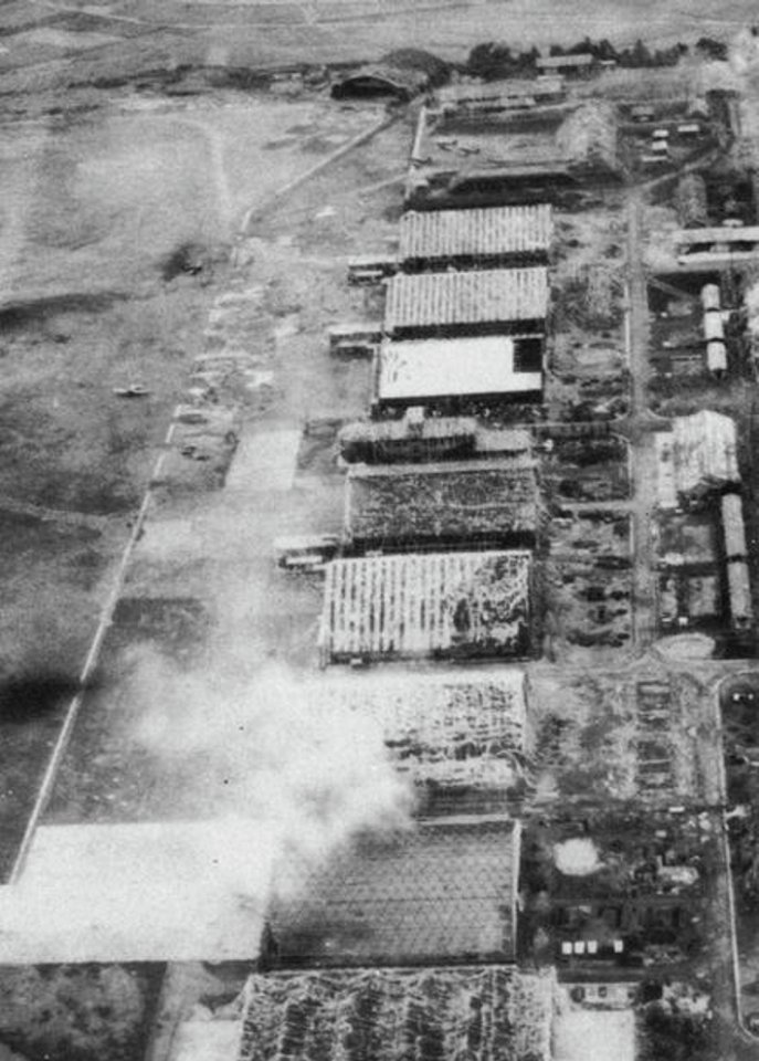 Kikuchi airfield, Kyushu, under attack by U.S. Navy carrier aircraft, in May 1945