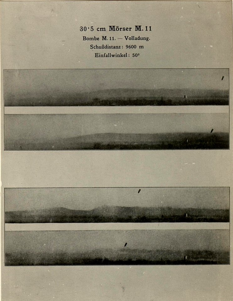 Kinematographische Aufnahme einer 30.5 cm Granate im Fluge zum Beweise der richtigen Stellung der Geschossachse zur Flugbahn. Aufgenommen am 27.3.1916. (BildID 15470195)