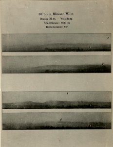 Kinematographische Aufnahme einer 30.5 cm Granate im Fluge zum Beweise der richtigen Stellung der Geschossachse zur Flugbahn. Aufgenommen am 27.3.1916. (BildID 15470195)