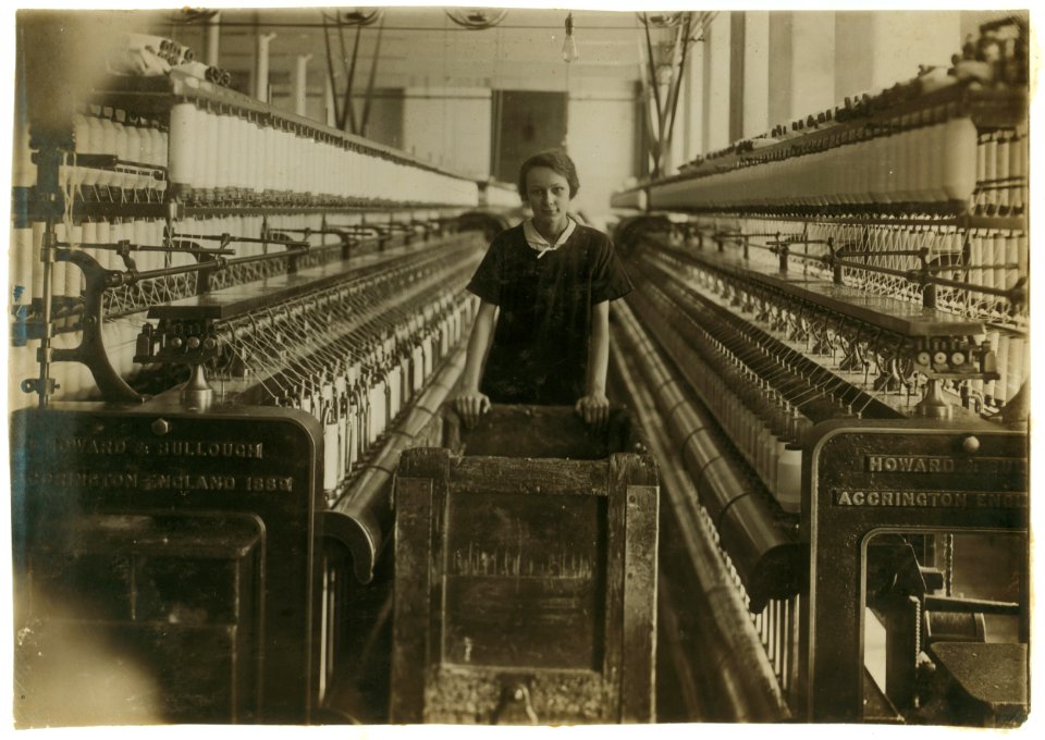 King Philip Card Room. Rosawna - 14 years, 959 Globe St., Doffer on Jack Speeders. Pushing a truck of empty bobbins. LOC cph.3b39040