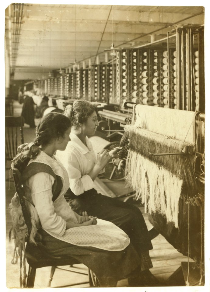 King Philip Mill. Drawer-in - Young learner - 14 years old, Yvette Frappier, and teacher who has been a drawer-in 9 years. Only girl in department has been learning a few weeks. Drawing LOC cph.3b33427