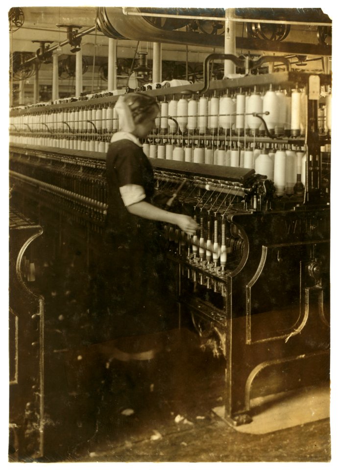 King Philip Spinning Room. Spare Hand on spinning frames Hannah Mills, 603 Dwelly St. 15 years old. LOC nclc.03055