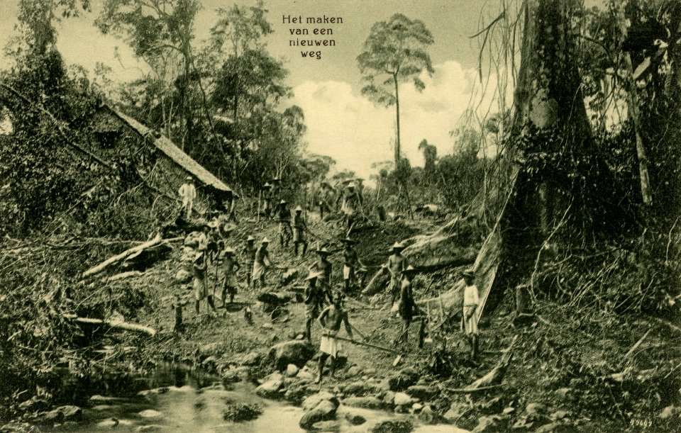 KITLV - 1406323 - Kleingrothe, C.J. - Medan - Chinese workers at forest reclamation for the construction of a road on the east coast of Sumatra - 1898