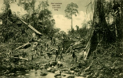 KITLV - 1406323 - Kleingrothe, C.J. - Medan - Chinese workers at forest reclamation for the construction of a road on the east coast of Sumatra - 1898