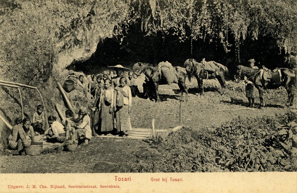 KITLV - 1405795 - Kurkdjian, Ohannes - Soerabaja - Nijland, J.M.Chs. - Soerabaia - Group with horses near a cave in Tosari, Pasuruan, East Java - 1890-1910
