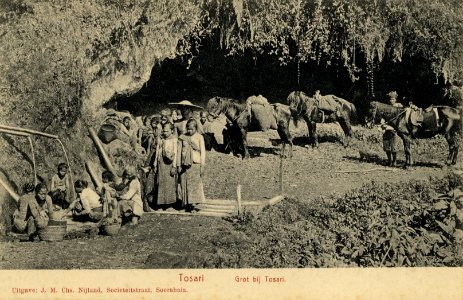 KITLV - 1405795 - Kurkdjian, Ohannes - Soerabaja - Nijland, J.M.Chs. - Soerabaia - Group with horses near a cave in Tosari, Pasuruan, East Java - 1890-1910