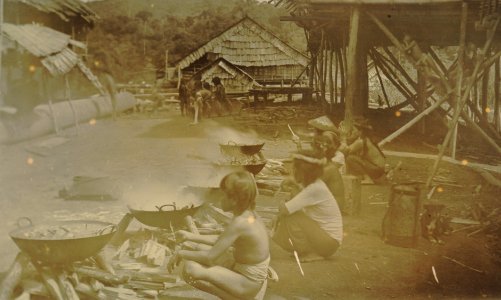 KITLV - 152202 - Demmeni, J. - Cooking the meal for the big festivities on the occasion of the building of the large house of Kwing Irang, head of Kayan on the Upper Mahakam, Central Borneo - 1898-1900