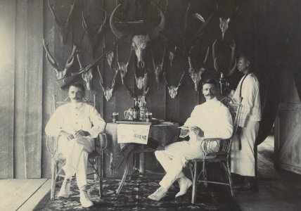 KITLV - 155291 - Kleingrothe - Two European men drinking beer, probably in Deli - circa 1890