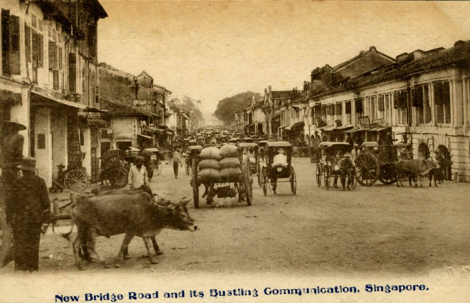 KITLV - 159507 - Ox carts and rickshaws on New Bridge Road in Singapore - circa 1900