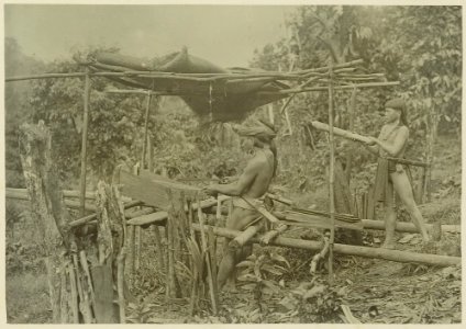 KITLV - 25688 - Demmeni, J. - Kayans manufacture wooden roof boards, Upper Mahakam, Central Borneo - 1898-1900