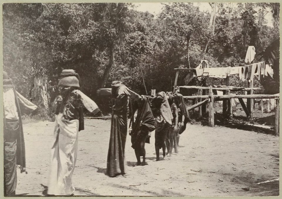 KITLV - 25674 - Demmeni, J. - Dance of women of the Kayans on the Bloeoe River, Upper Mahakam, Central Borneo, during the seed sowing festival. The girls in men's costume - 1896-09-01