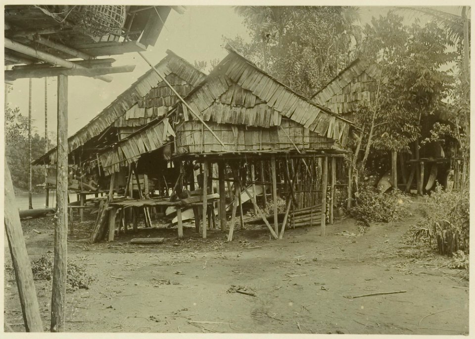 KITLV - 25702 - Demmeni, J. - Houses of the Ma Tuan in Long Dèho, with a gallery beneath the floor of the housing, Upper Mahakam, Central Borneo - 1898-1900