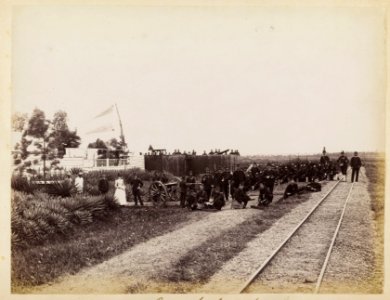 KITLV - 34045 - Lambert & Co., G.R. - Singapore - Soldiers of the Dutch-Indian Army with materiel set up near Benteng Lam Baru in Great Aceh - 1893
