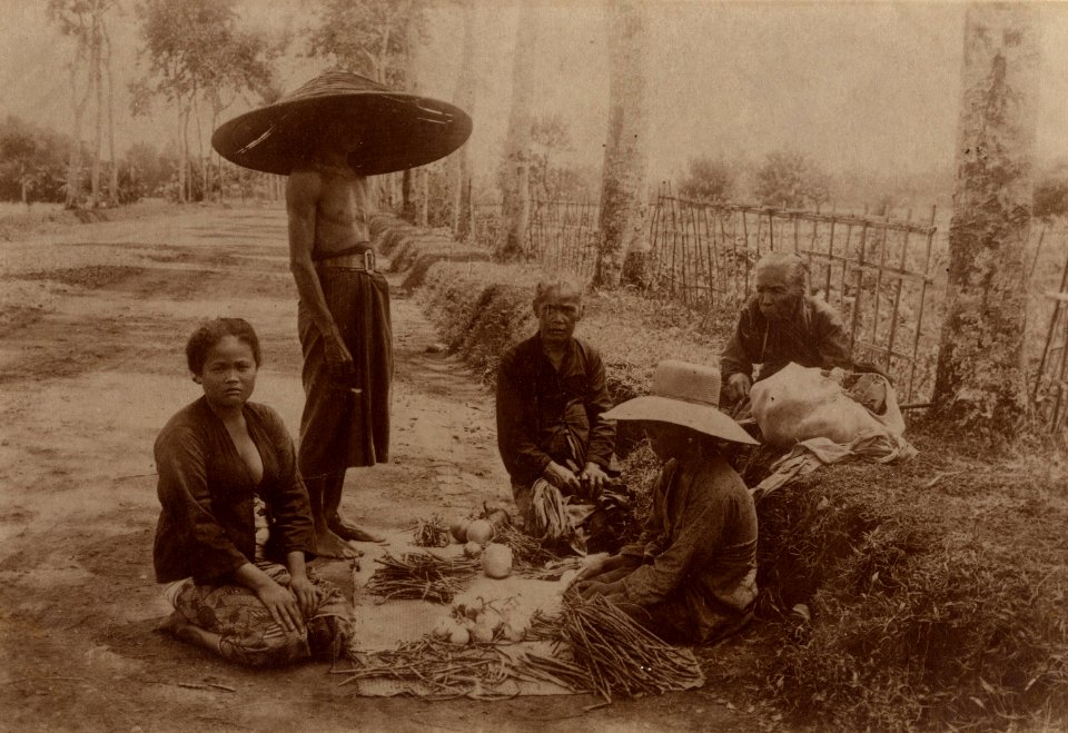 KITLV - 178501 - Kurkdjian - Saleswoman of vegetables by the side of the road, probably in Java - circa 1900