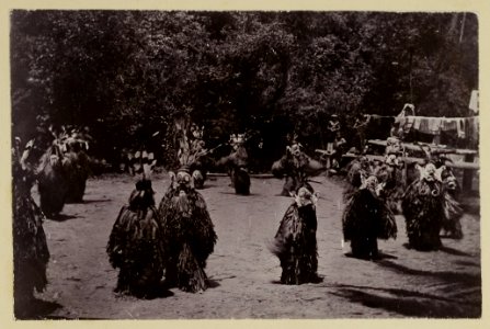 KITLV - 25784 - Demmeni, J. - Mask Dance of Kayan men on the Bloeoe River, Upper Mahakam, Central Borneo, on the occasion of the seed sowing festival. The entire body is covered with frayed Pinang palm leaves - 1896-09-01