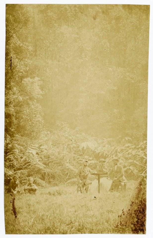 KITLV - 16062 - Junghuhn, Franz Wilhelm (1809-1864) - Franz Wilhelm Junghuhn, Ms Johanna Louisa Frederica Junghuhn Koch, J. E. De Vrij and servants in the garden of the house in Lembang near Bandung - circa 1858