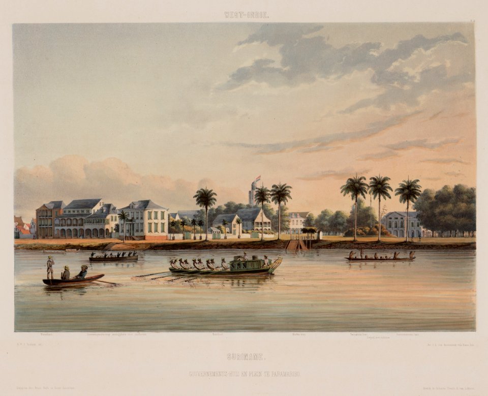 KITLV - 47D28 - Voorduin, Gerard Werner Catharinus (1830-1910) - Heemskerck van Beest, Jhr Jacob Eduard van - Gouvernement House and Square in Paramaribo - Colour lithography - 1860-1862
