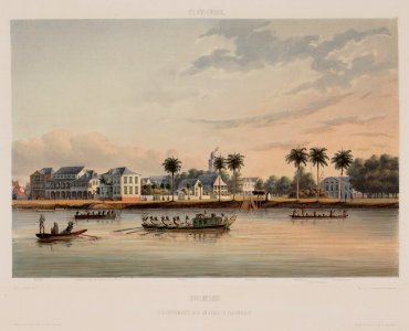 KITLV - 47D28 - Voorduin, Gerard Werner Catharinus (1830-1910) - Heemskerck van Beest, Jhr Jacob Eduard van - Gouvernement House and Square in Paramaribo - Colour lithography - 1860-1862