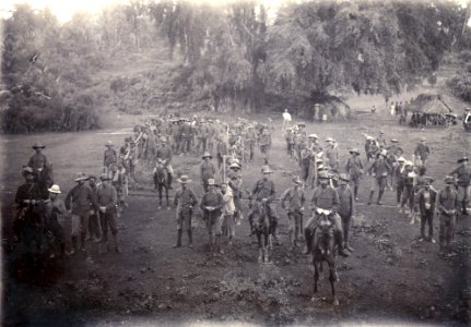 KITLV - 43219 - Lewis, George P. with Kurkdjian- Soerabaja, Java - Battery of four pieces of former naval artillery of 3.7 cm. with their gun carriages. Seventh Bali expedition against the Prince of Badung - 1906-10