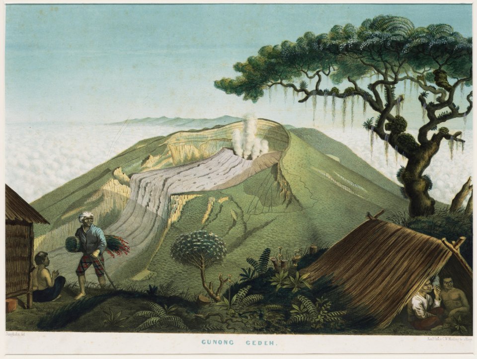 KITLV - 50H7 - Junghuhn, Franz Wilhelm (1809-1864) - Mieling, C.W. - Gunong Gedeh (Gunung Gede) - Colour lithography - 1853-1854
