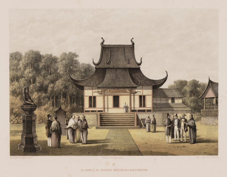 KITLV - 51T1 - Lijnden, Johan Maurits van - Mieling, C.W. - Le temple de Gozinzie près du village D'jnassa - Colour lithography - 1860-1866