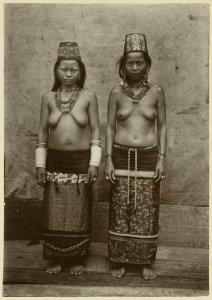 KITLV - 25685 - Demmeni, J. - Bo Hiang, senior wife of Kwing Irang and her daughter-in-law Uniang, mother of two children. Both in festive costume. Upper Mahakam, Central Borneo - 1898-1900