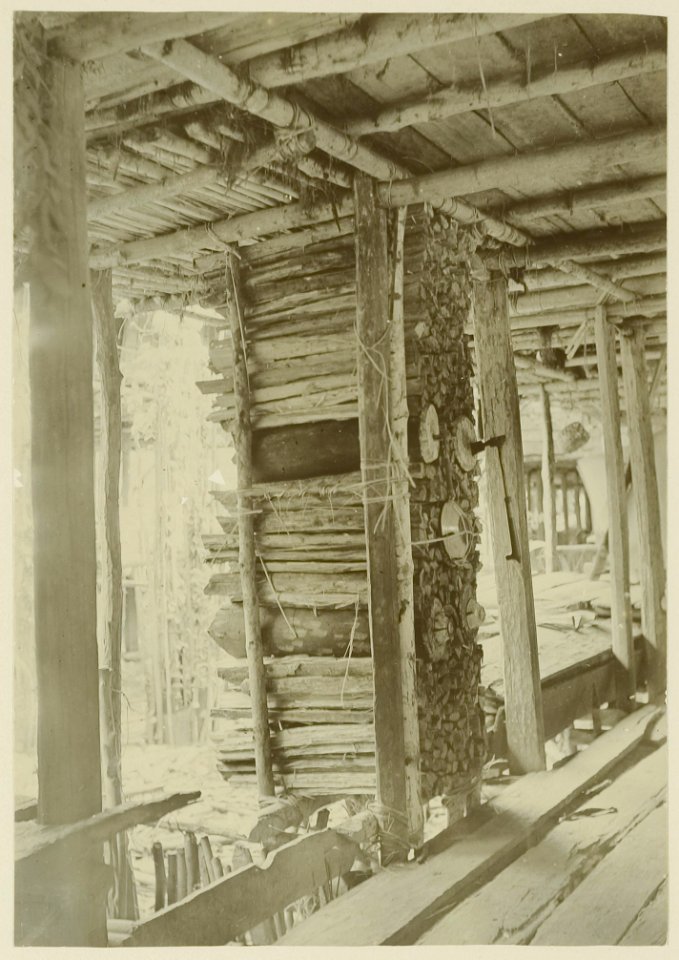 KITLV - 25701 - Demmeni, J. - Stack of firewood chopped by a young Long Glat, as a symbolic wedding certificate. In some trunks stabbing an adze, an ax and three boards, Upper Mahakam, Central Borneo - 1898-1900