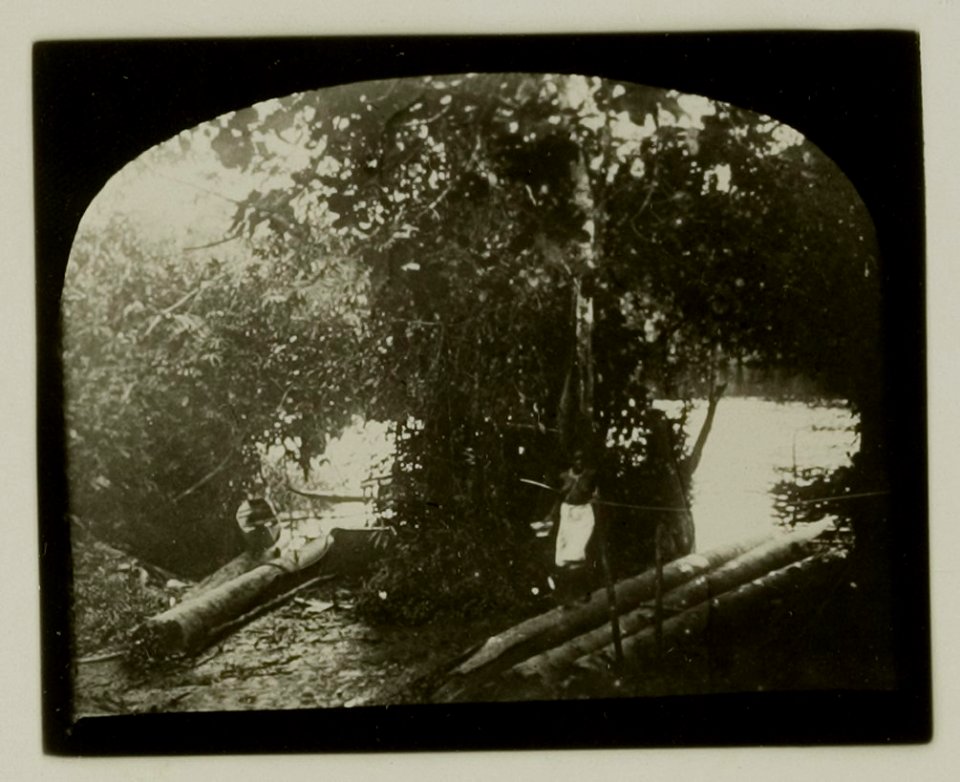 KITLV - 25910 - Entrance of the Maroon camp of captain Kaké on the river Cottica, Surinam - 1900