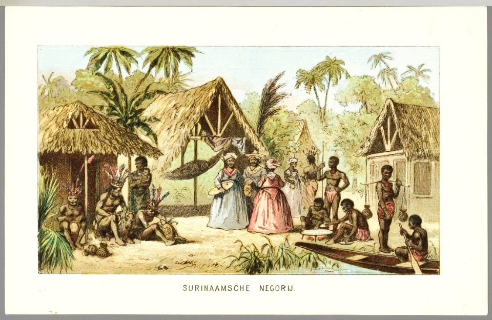KITLV - 36D166 - Emrik & Binger - Surinam native village as presented at the International Colonial and Export Exhibition in Amsterdam in 1883 - Colour lithography - 1883-05-01- 1883-10-31
