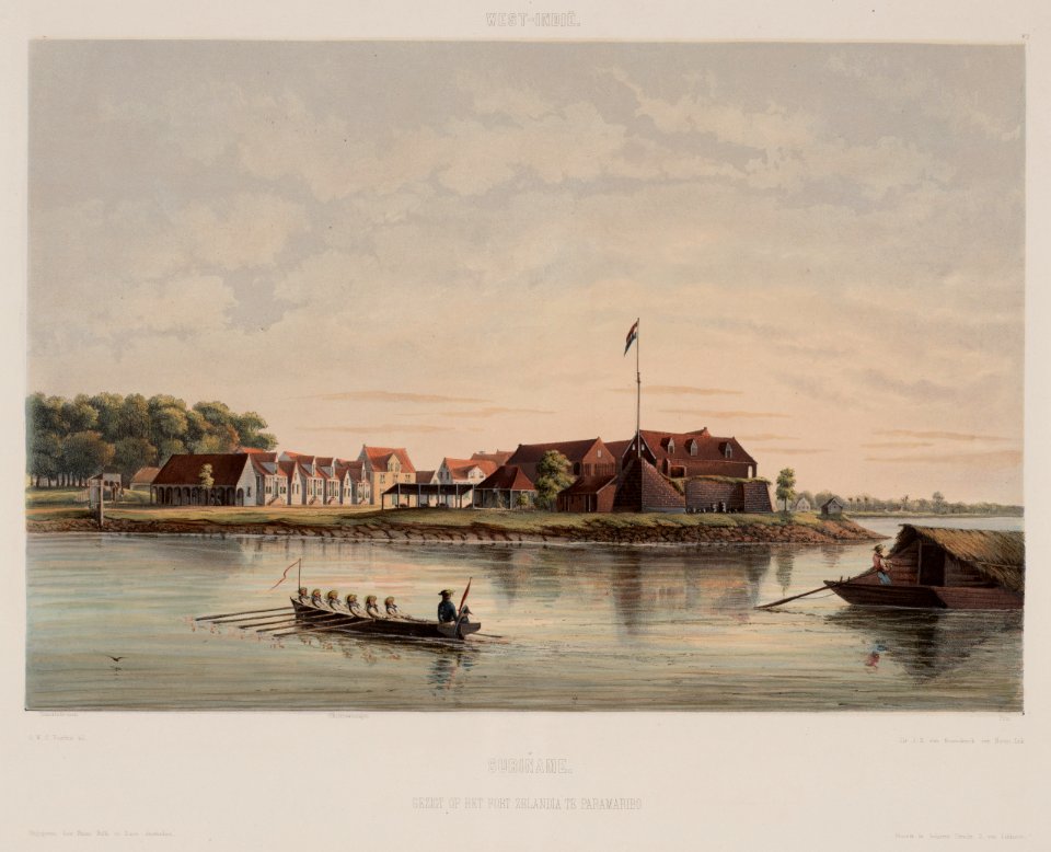 KITLV - 47D27 - Voorduin, Gerard Werner Catharinus (1830-1910) - Heemskerck van Beest, Jhr Jacob Eduard van - View of the Fort Zeelandia, Paramaribo - Colour lithography - 1860-1862